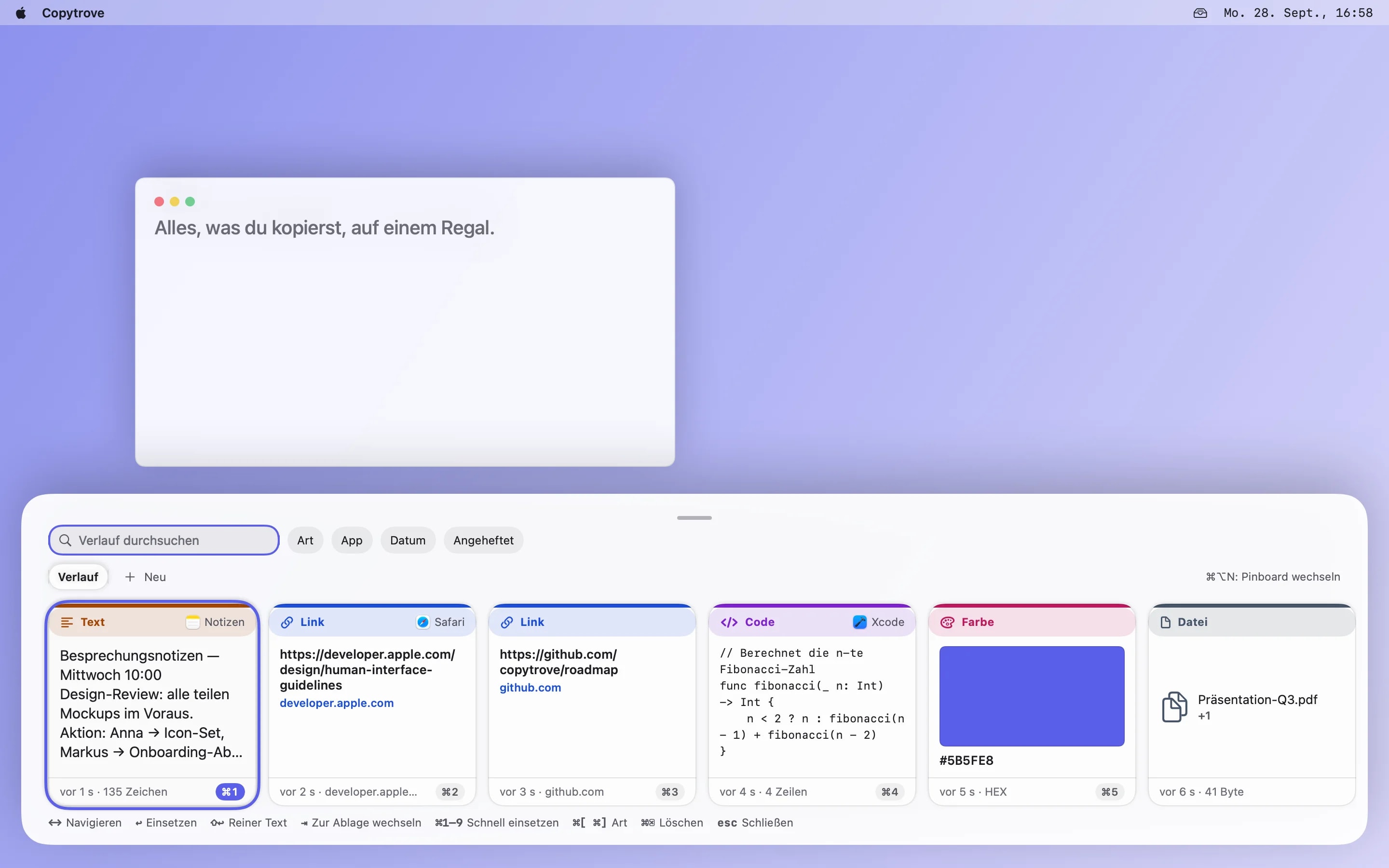 Copytrove-Regal-Panel mit Text-, Link-, Code-, Farb-, Datei- und Rich-Text-Karten nebeneinander