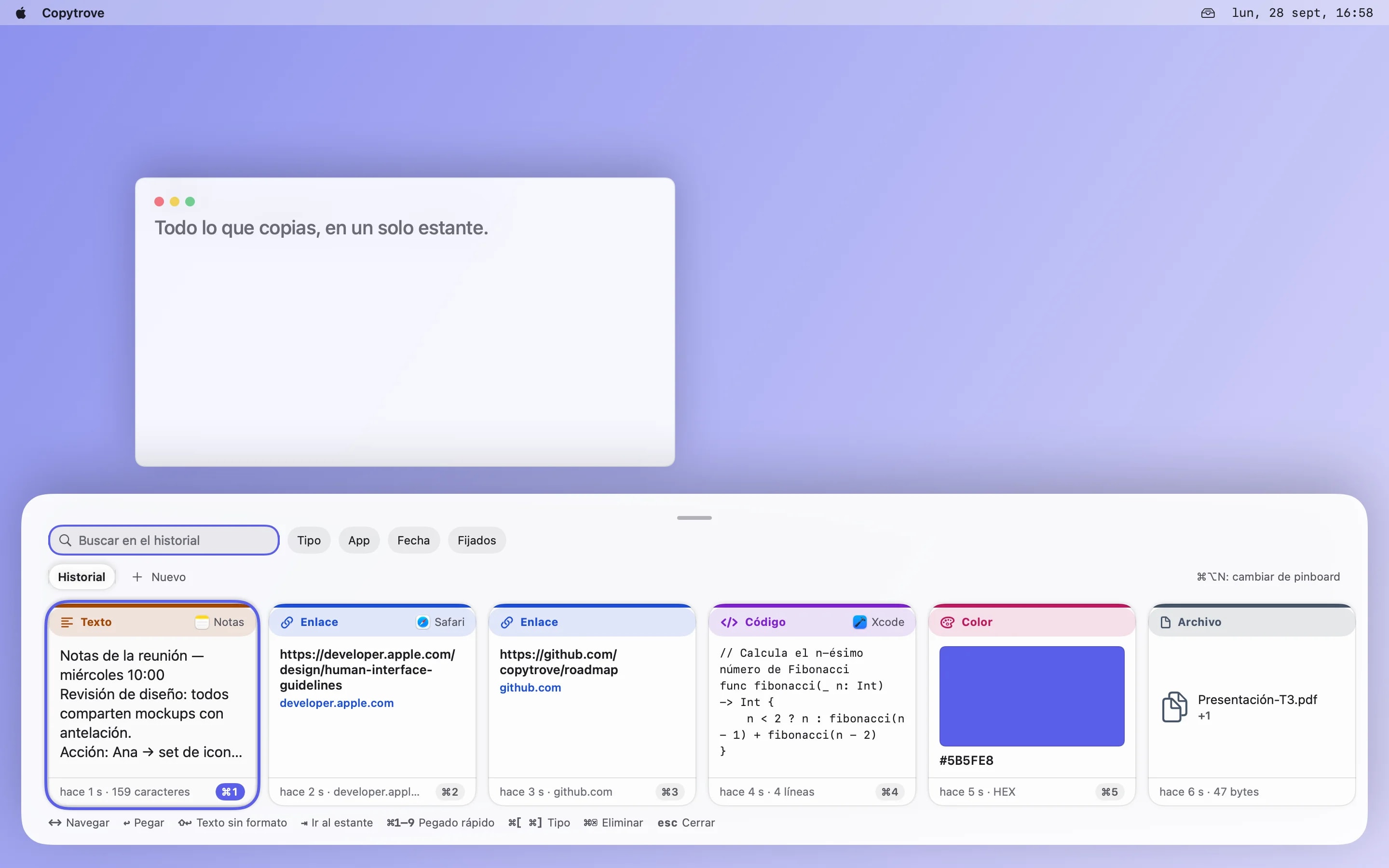El panel de estante de Copytrove mostrando tarjetas de texto, enlace, código, color, archivo y texto enriquecido una junto a otra