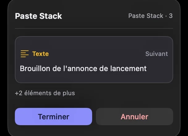 L'indicateur flottant Paste Stack montrant trois éléments mis en file dans l'ordre pendant la collecte.